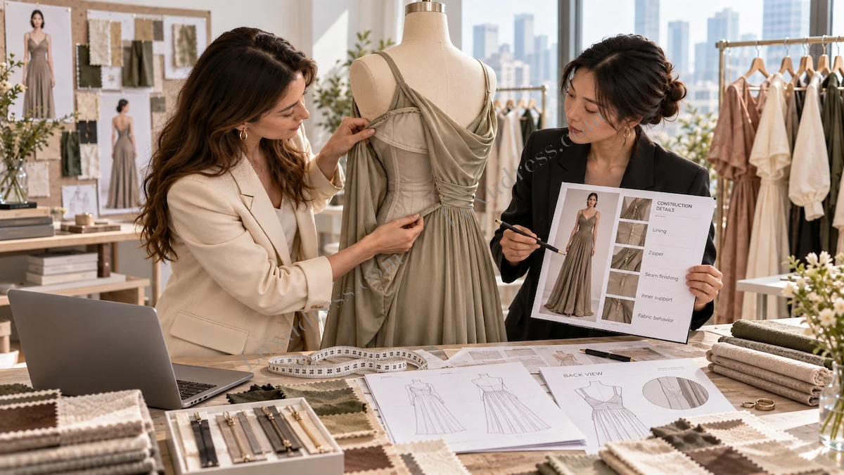 Garment Construction Details From a Reference Style Fashion development team reviewing internal dress construction lining closure and finishing details from a reference style