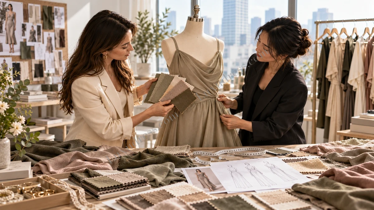 Womenswear team comparing fabric swatches and garment construction details during product development