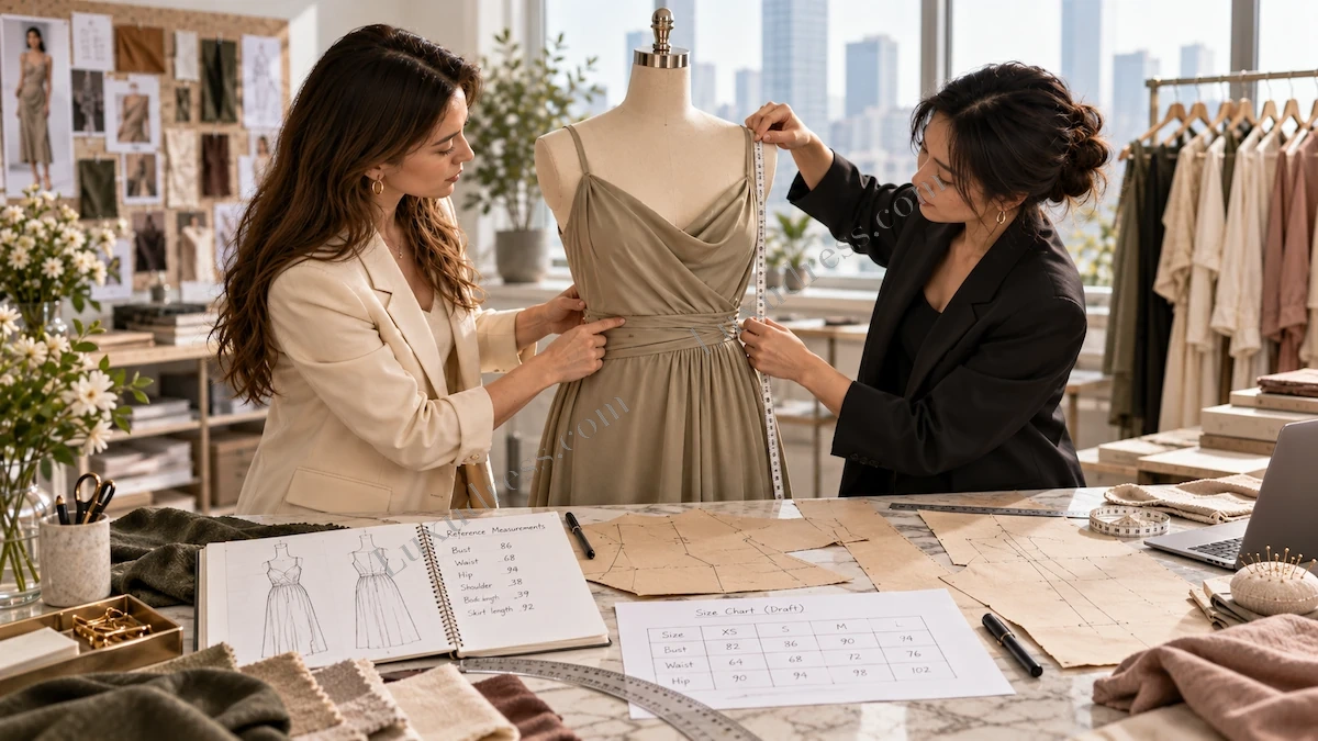 Womenswear team measuring a reference dress and developing pattern specifications during sample development