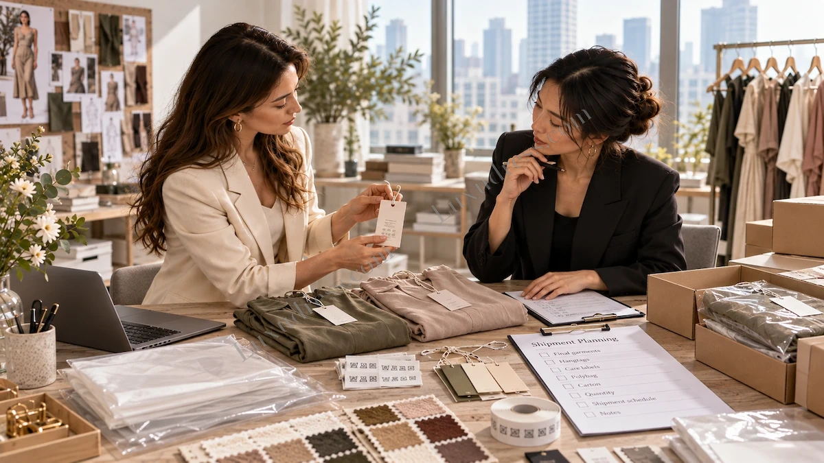 Fashion production team reviewing garment labels packing materials and shipment requirements before delivery