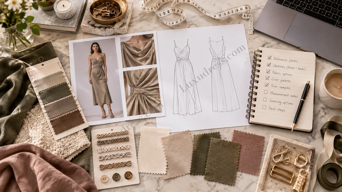 Reference photos dress sketches fabric swatches and development notes prepared for clothing production without a tech pack