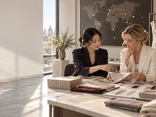 Two people comparing sourcing options at a table with a screen