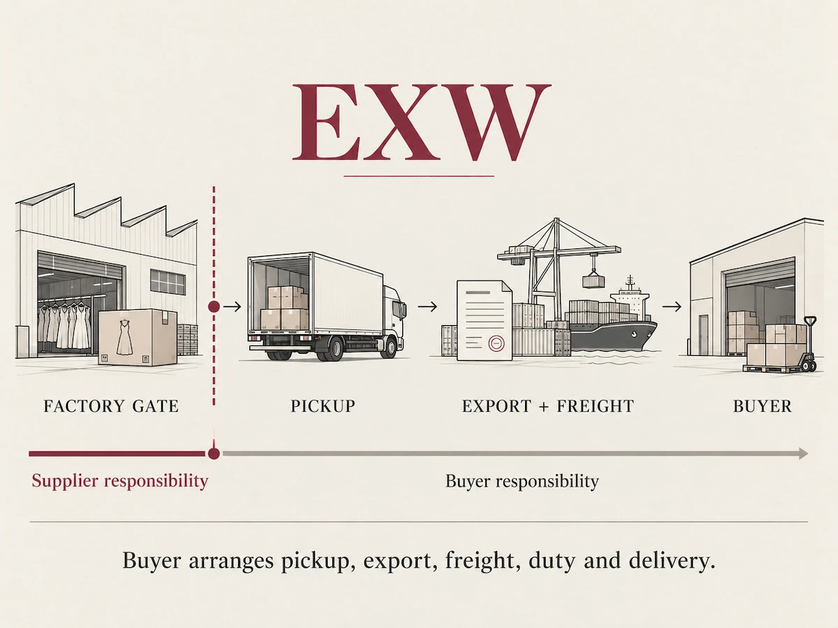 EXW shipping route: the garment leaves the factory gate and the buyer handles everything after EXW shipping route: the garment leaves the factory gate and the buyer handles everything after