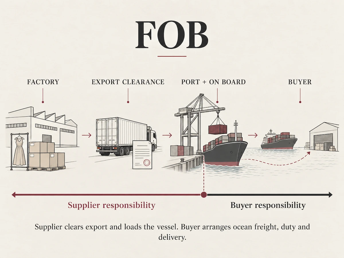 FOB shipping route: the factory delivers to the port and the buyer handles ocean freight and onward FOB shipping route: the factory delivers to the port and the buyer handles ocean freight and onward