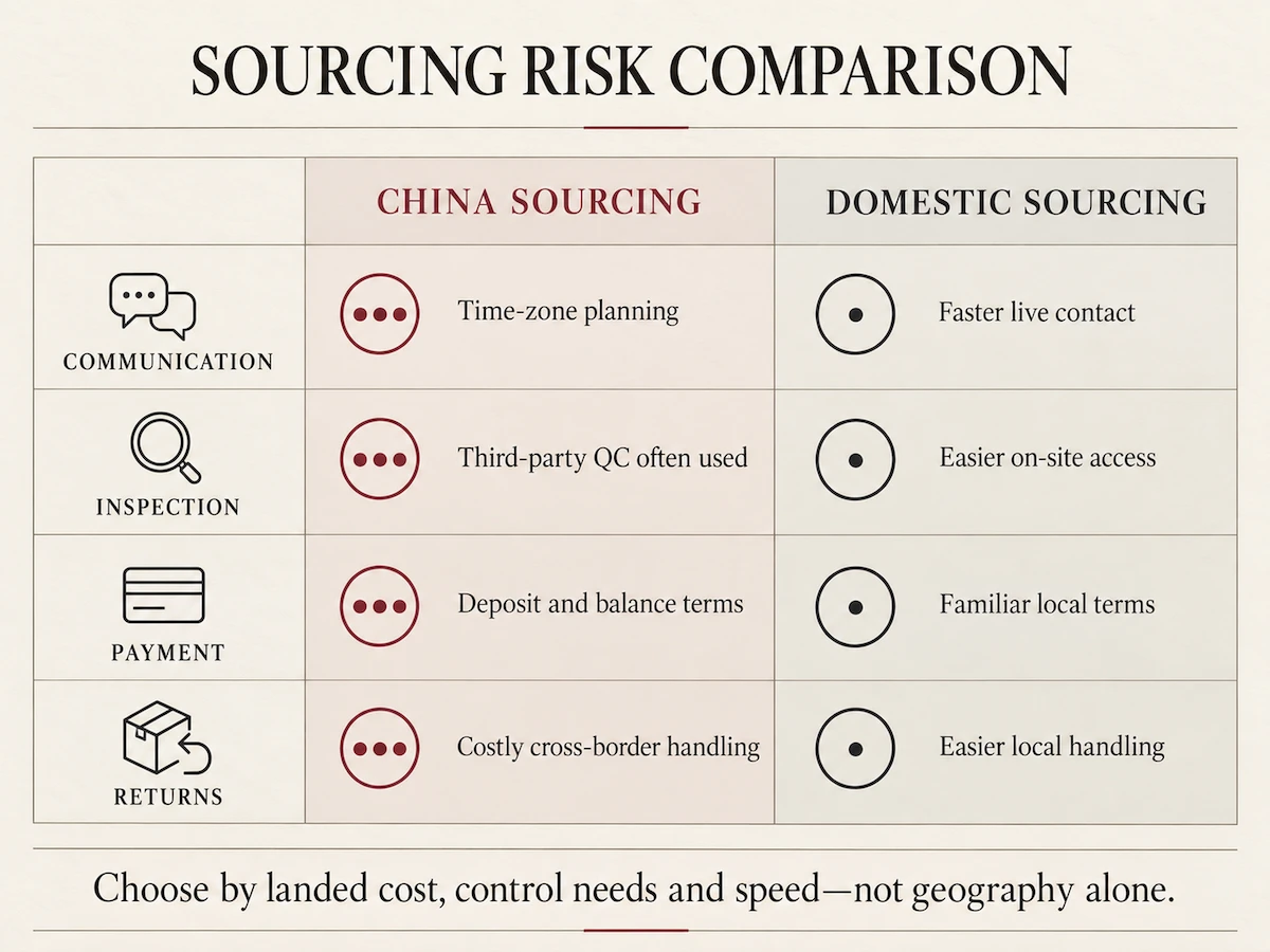 Risk comparison table: China versus a local supplier across communication, inspection, payment and returns Risk comparison table: China versus a local supplier across communication, inspection, payment and returns
