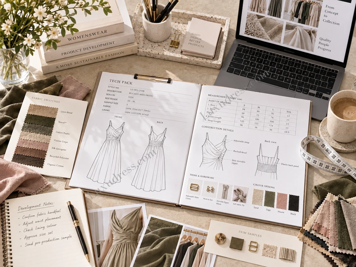 Womenswear Tech Pack and Fabric Sourcing Womenswear tech pack with fabric swatches and garment specifications for production in China