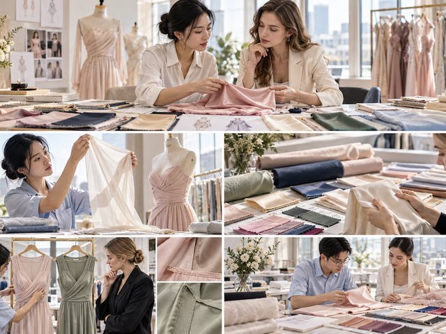 Fashion buyer and product developer choosing fabric for a dress design using swatches, samples and garment references