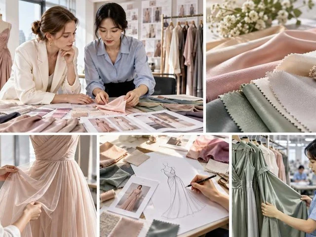 Dress fabric being handled and assessed for drape and texture in a production review