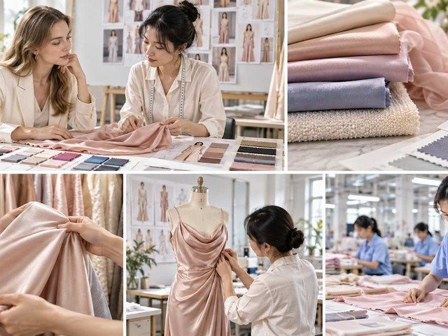 Fabric selection and drape review showing cost-driving construction choices