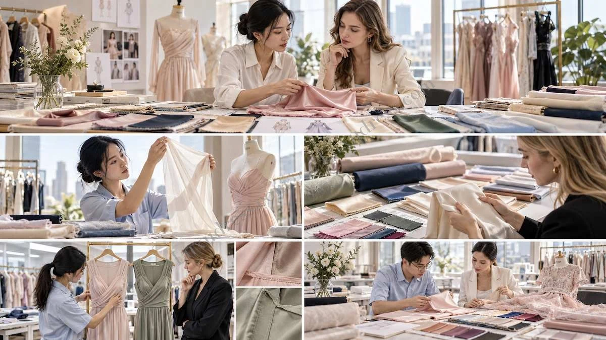 Fashion buyer and product developer choosing fabric for a dress design using swatches, samples and garment references