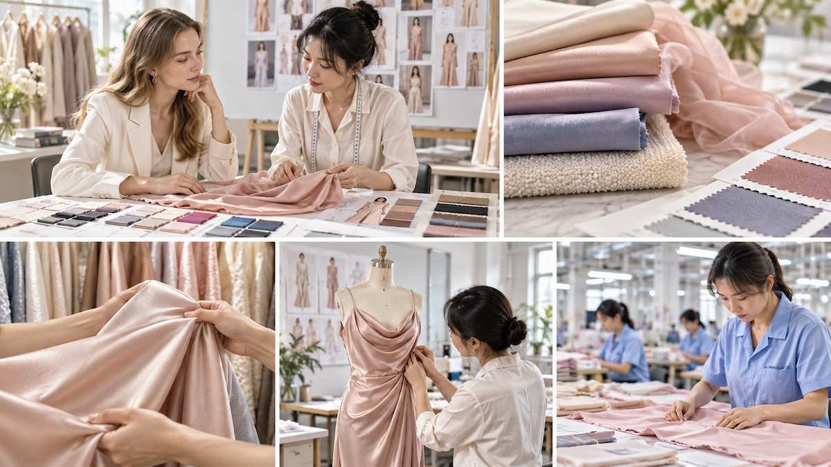 Fabric selection and drape review showing cost-driving construction choices