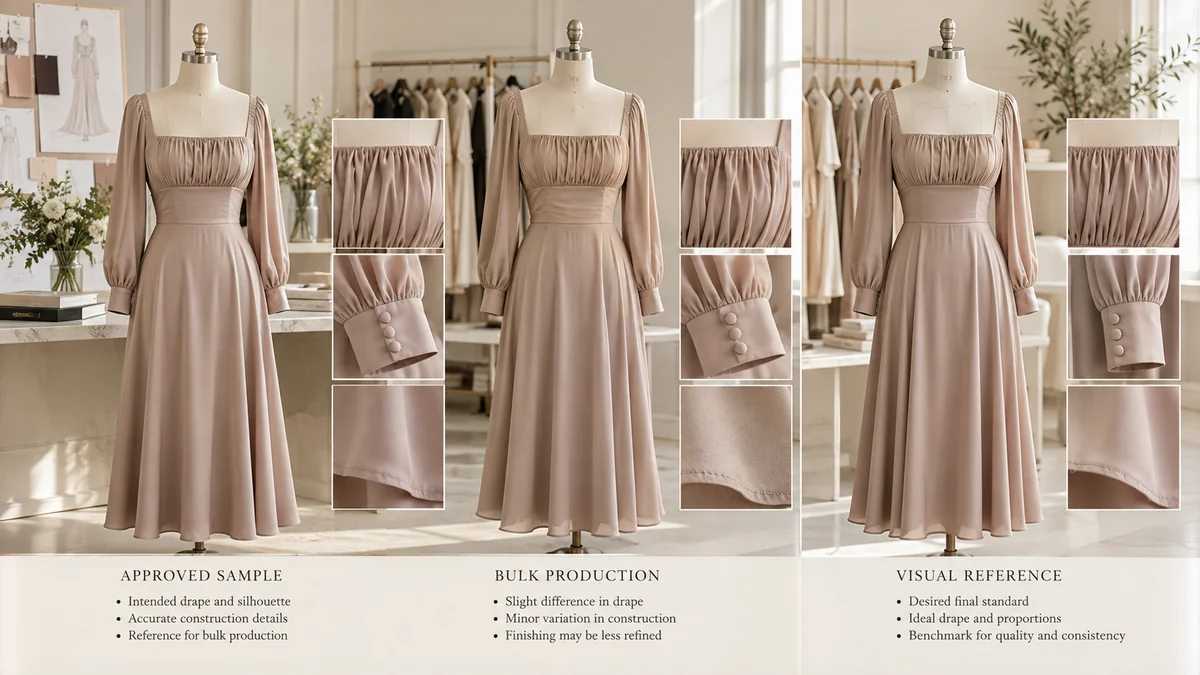 Visual comparison of an approved sample and the bulk production construction and drape Visual comparison of an approved sample and the bulk production construction and drape