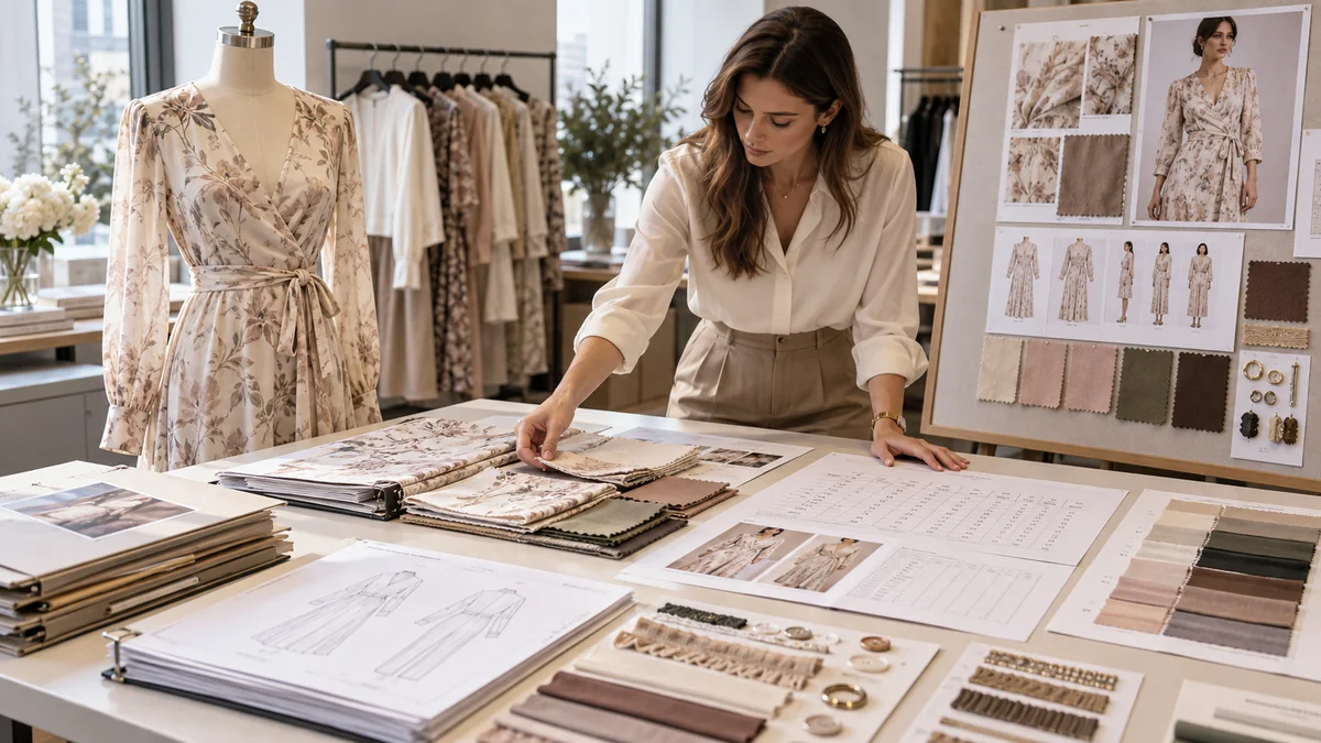 Womenswear production handover: approved sample, fabric swatches, tech pack and specifications Womenswear production handover: approved sample, fabric swatches, tech pack and specifications