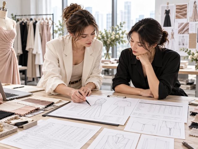 Fashion designers reviewing a clothing tech pack with garment sketches, measurements and fabric swatches