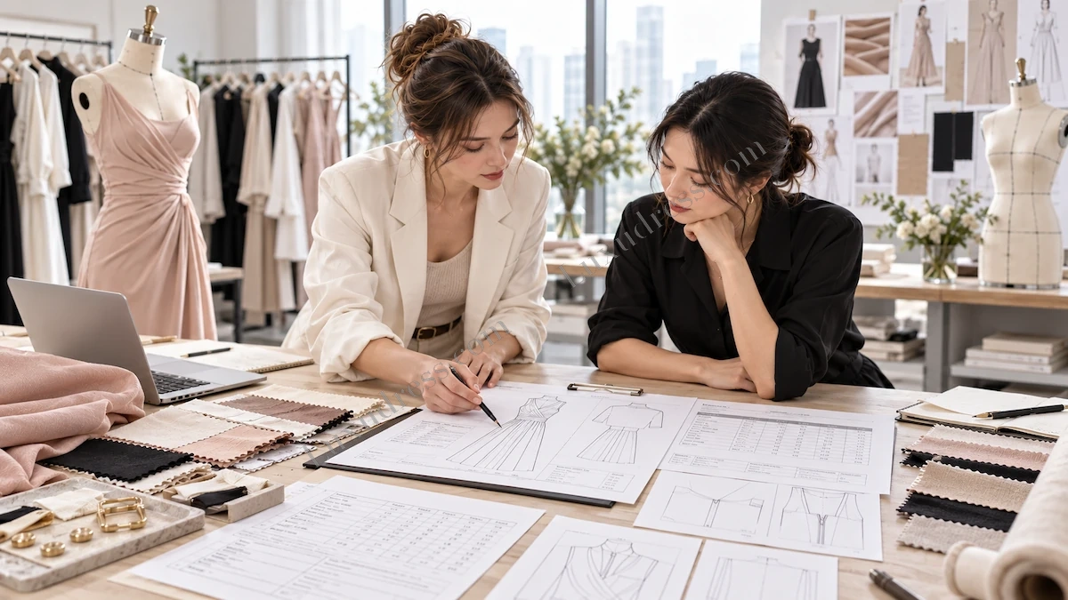 Clothing Tech Pack Fashion Design Review Fashion designers reviewing a clothing tech pack with garment sketches, measurements and fabric swatches