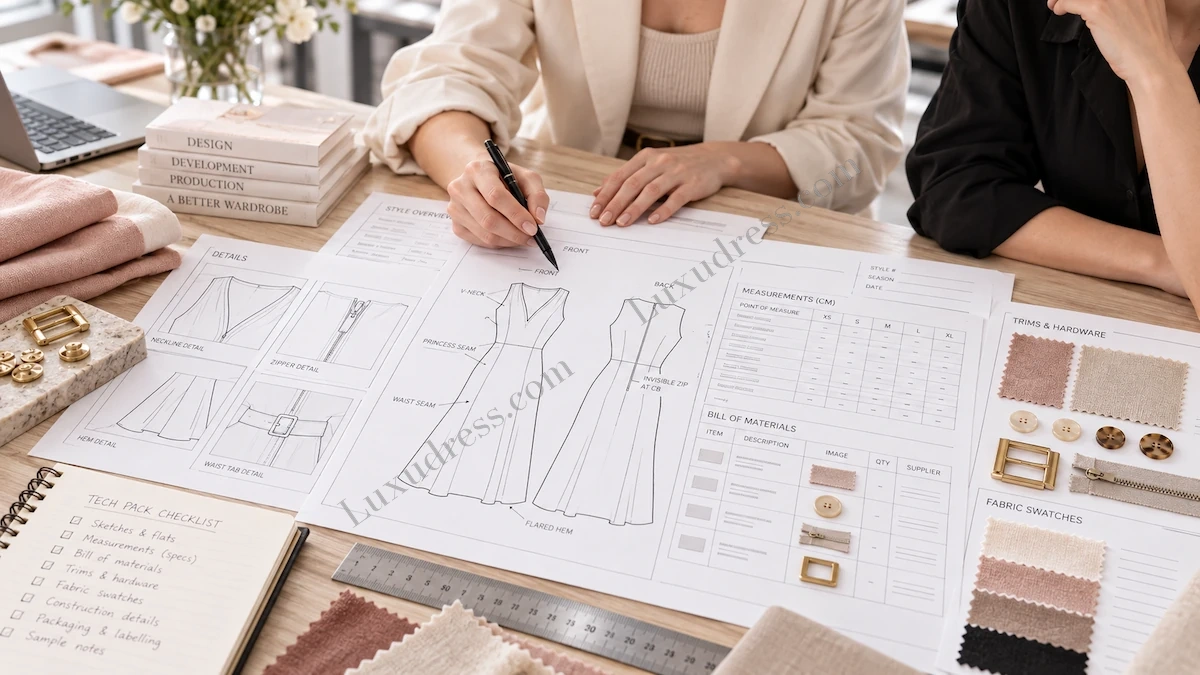 Clothing Tech Pack Measurements BOM and Construction Details Clothing tech pack showing technical flats, garment measurements, bill of materials, trims and construction details