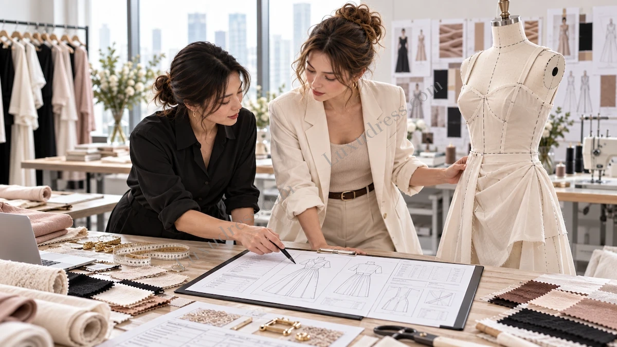Clothing Tech Pack Sample Development Review Fashion designers using a clothing tech pack to review garment construction during sample development