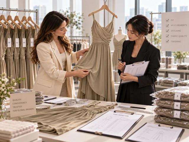Final inspection of a dress checking garment measurements, stitching and finishing