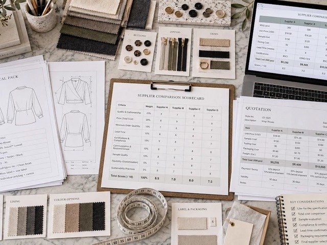 Manufacturer comparison notes and swatches laid out during supplier evaluation