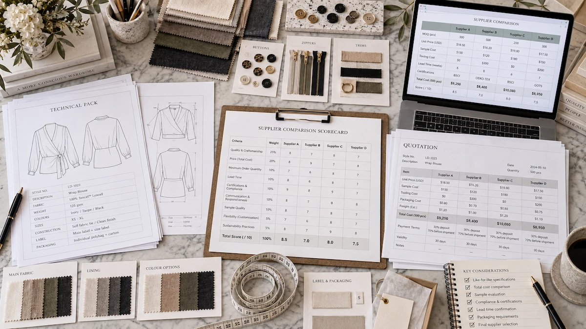 Manufacturer comparison notes and swatches laid out during supplier evaluation