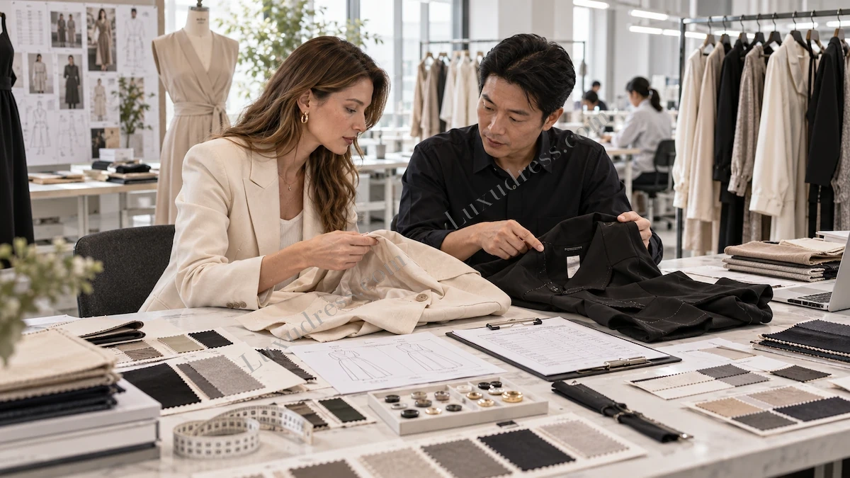 Fashion team reviewing garment samples and quality details before placing a clothing order