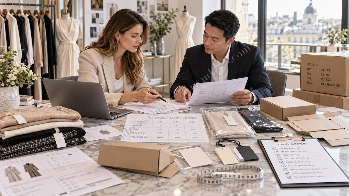 Buying team making a supplier comparison decision before choosing a clothing manufacturer