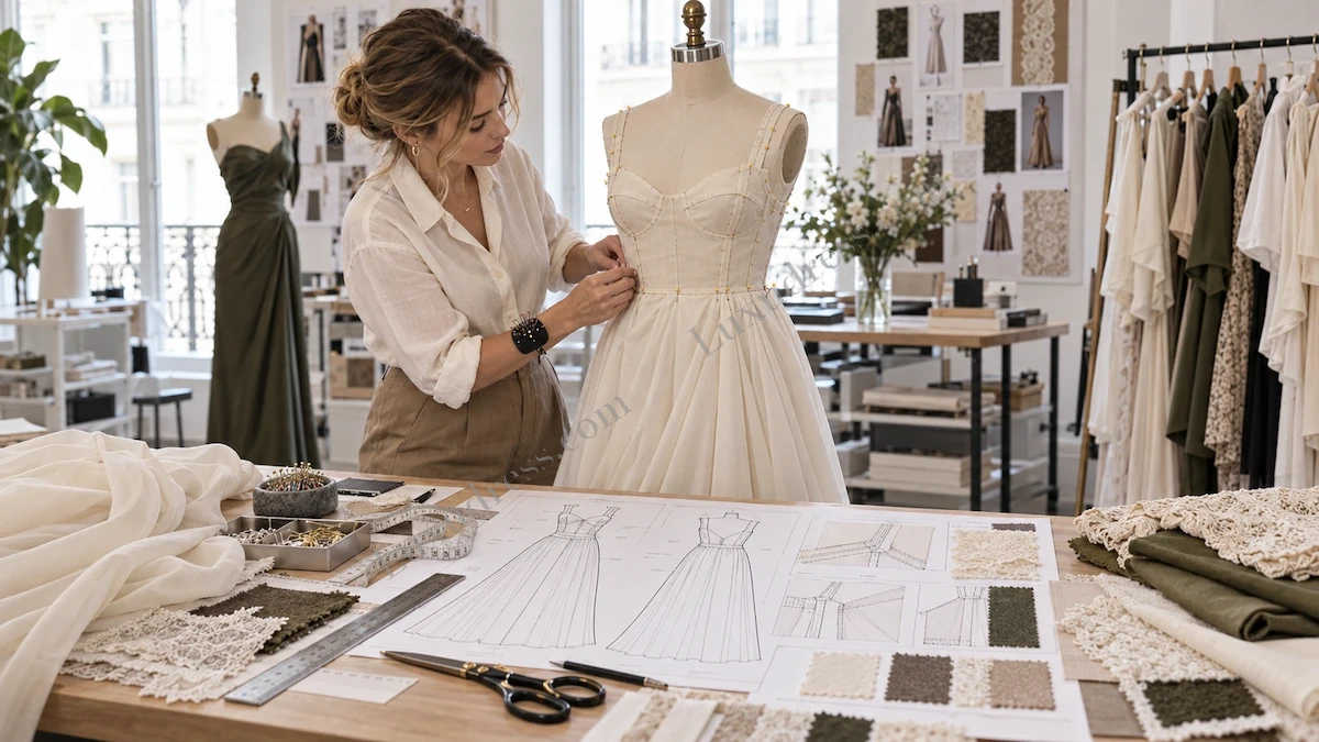 Dress development workflow and sample review in a professional design studio