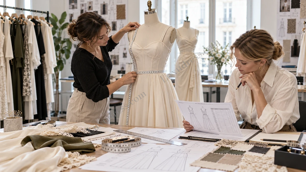 Pattern cutting and sampling review for dress development in a fashion studio