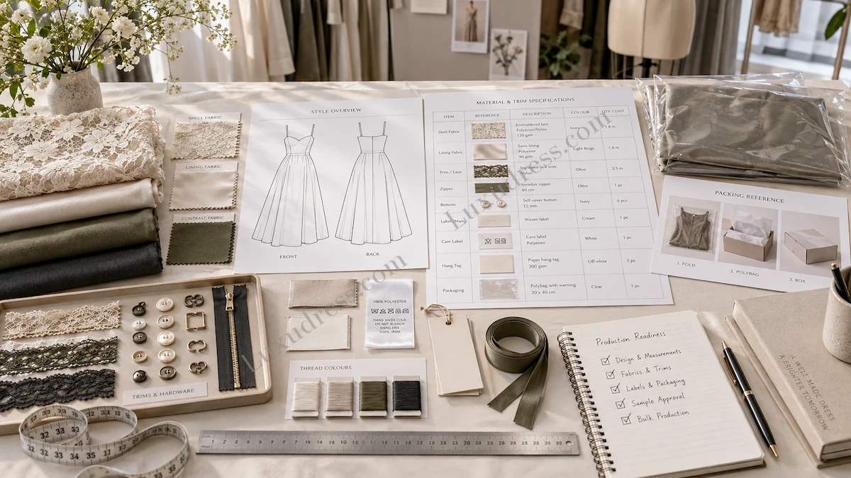 Dress tech pack planning board with production details and development references
