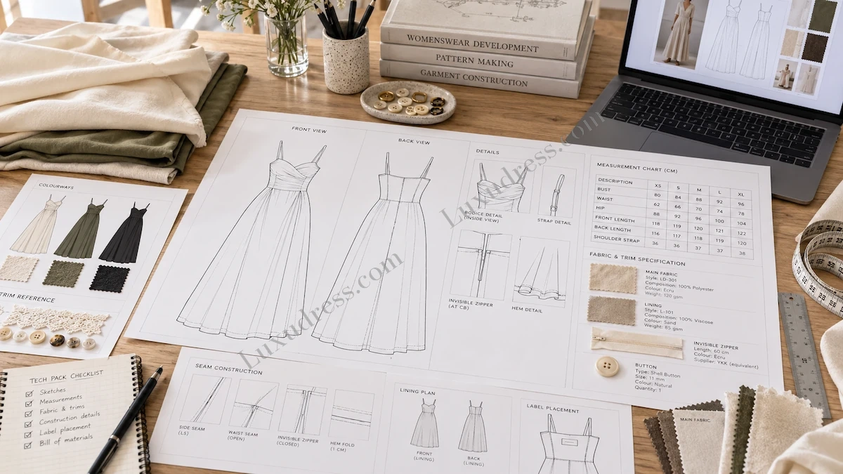 Dress tech pack workstation with flat sketches measurements and construction notes