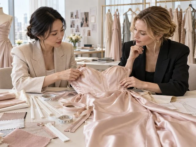 Fashion buyer and product developer reviewing structured dress construction, internal support and fit details