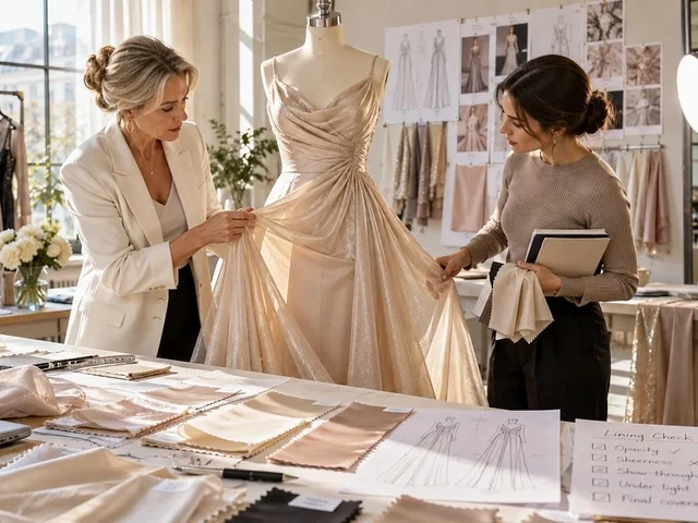A champagne coloured evening gown on a mannequin being reviewed at a worktable