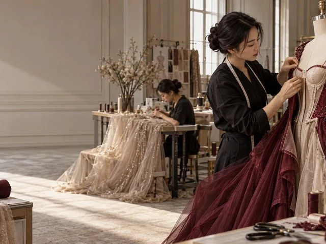 Evening gowns on stands in a design studio with two people reviewing them