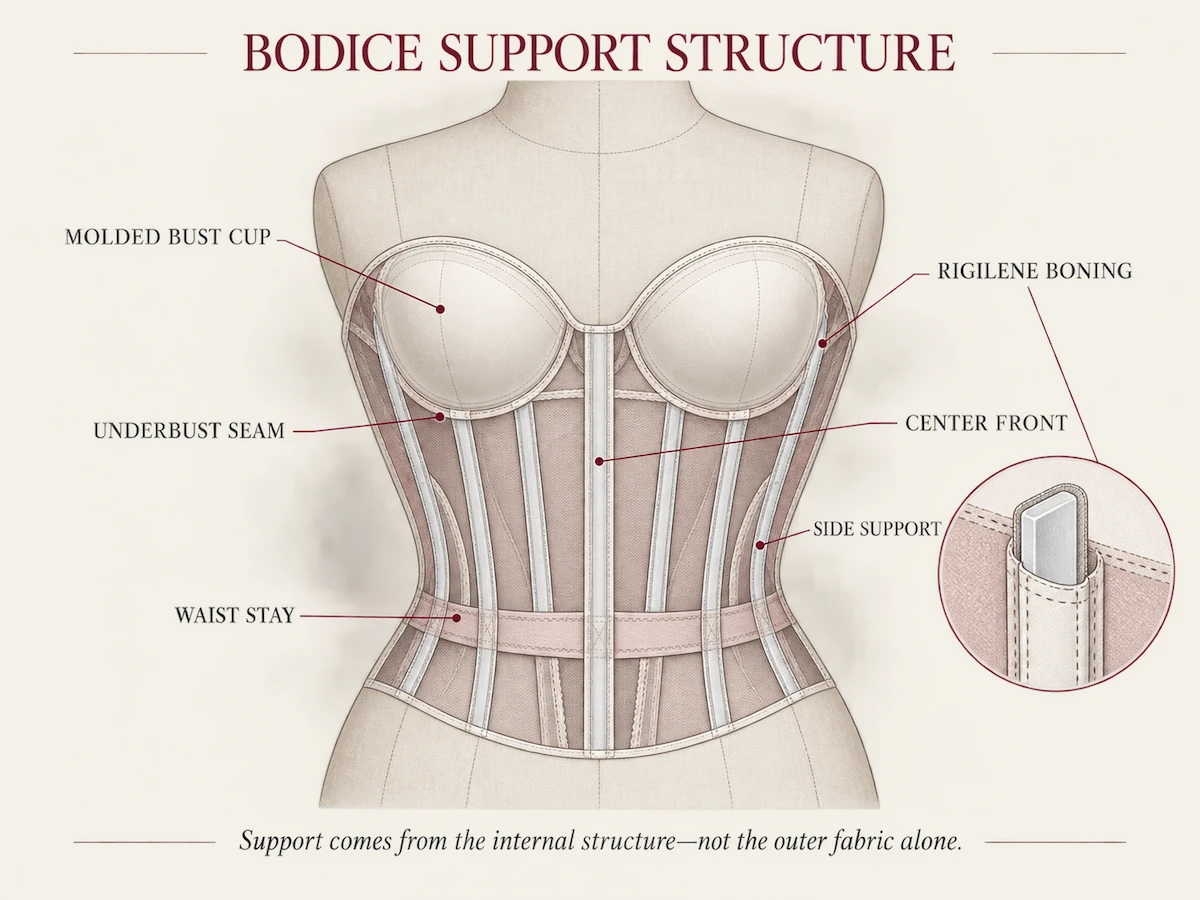 Bodice structure with bust support and rigilene boning Bodice structure with bust support and rigilene boning