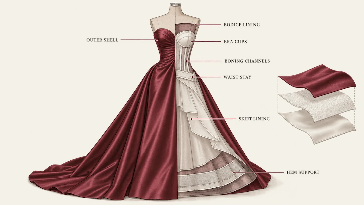 Cutaway view of an evening gown showing layers and internal boning Cutaway view of an evening gown showing layers and internal boning