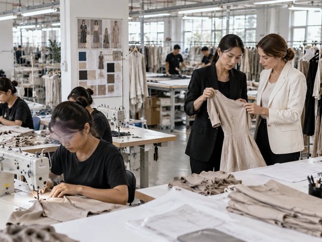 Buyer visiting a womenswear factory in China and reviewing the production floor