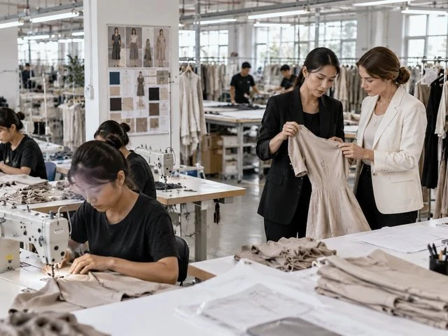 Buyer visiting a womenswear factory in China and reviewing the production floor