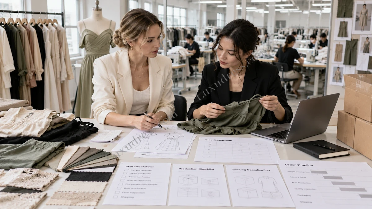Production planning meeting with garment samples checklists timelines and packaging details