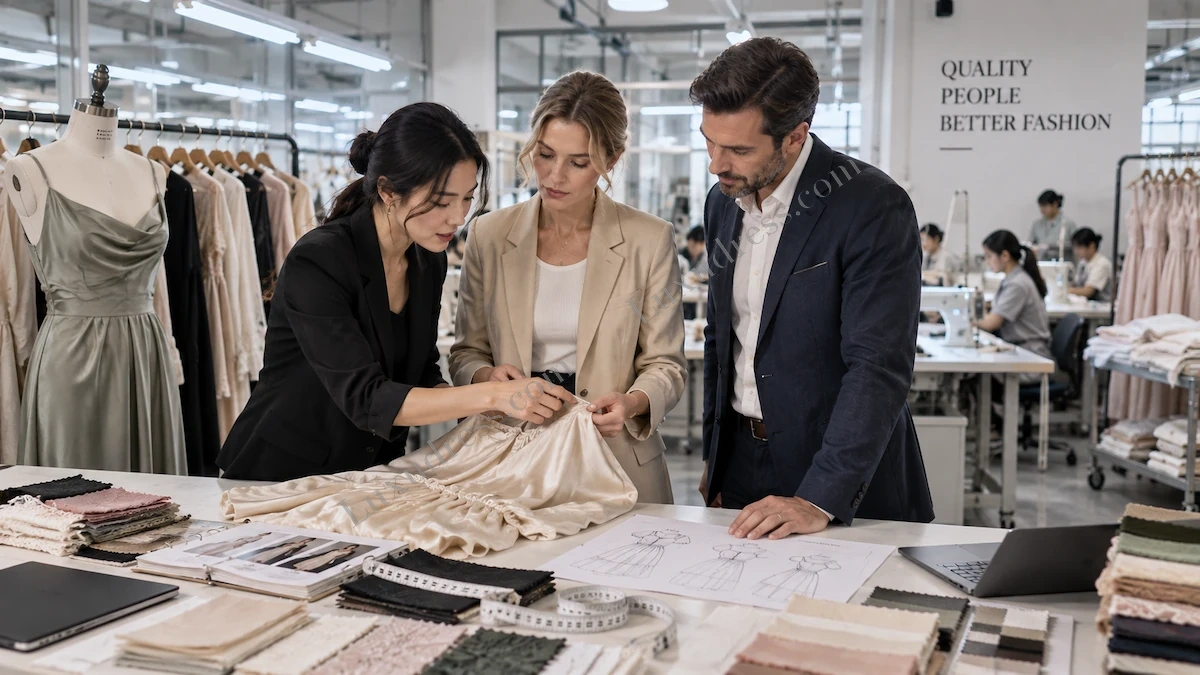 Factory team and buyer inspecting a womenswear sample during quality review