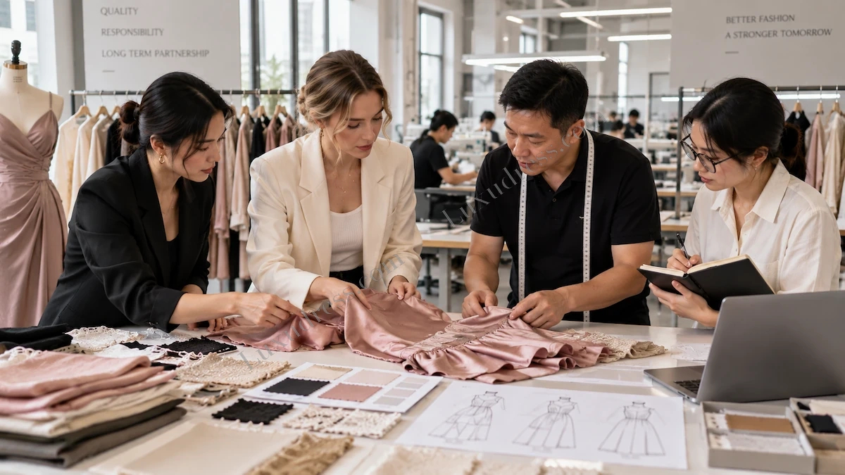 Fashion team reviewing sample construction fabric swatches and dress development details