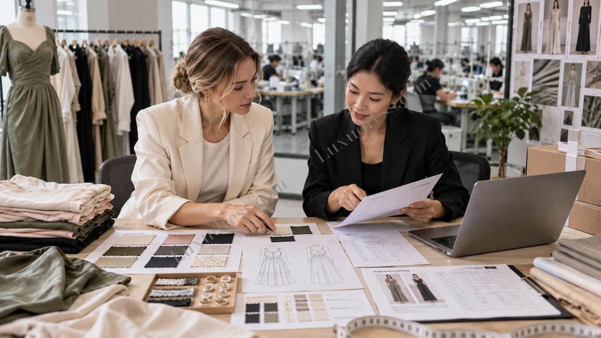 Supplier evaluation meeting with fabric swatches dress sketches and sourcing documents