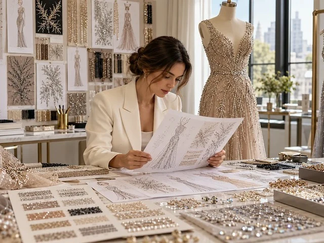 Hand embellishment being applied to a dress in an atelier