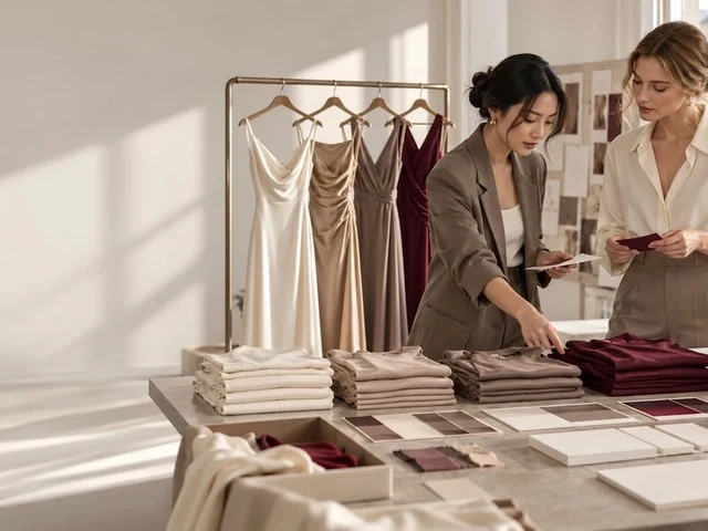 A rail of neutral coloured dresses in a showroom