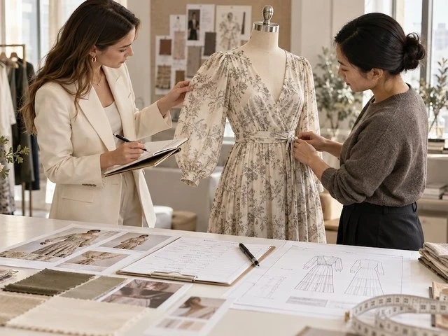 Two people reviewing a garment sample and fabric swatches at a worktable