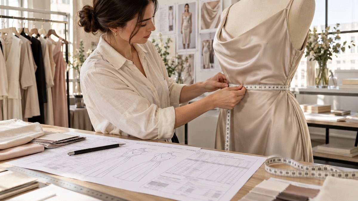 Garment technician measuring a clothing sample against its approved measurement specification Garment technician measuring a clothing sample against its approved measurement specification