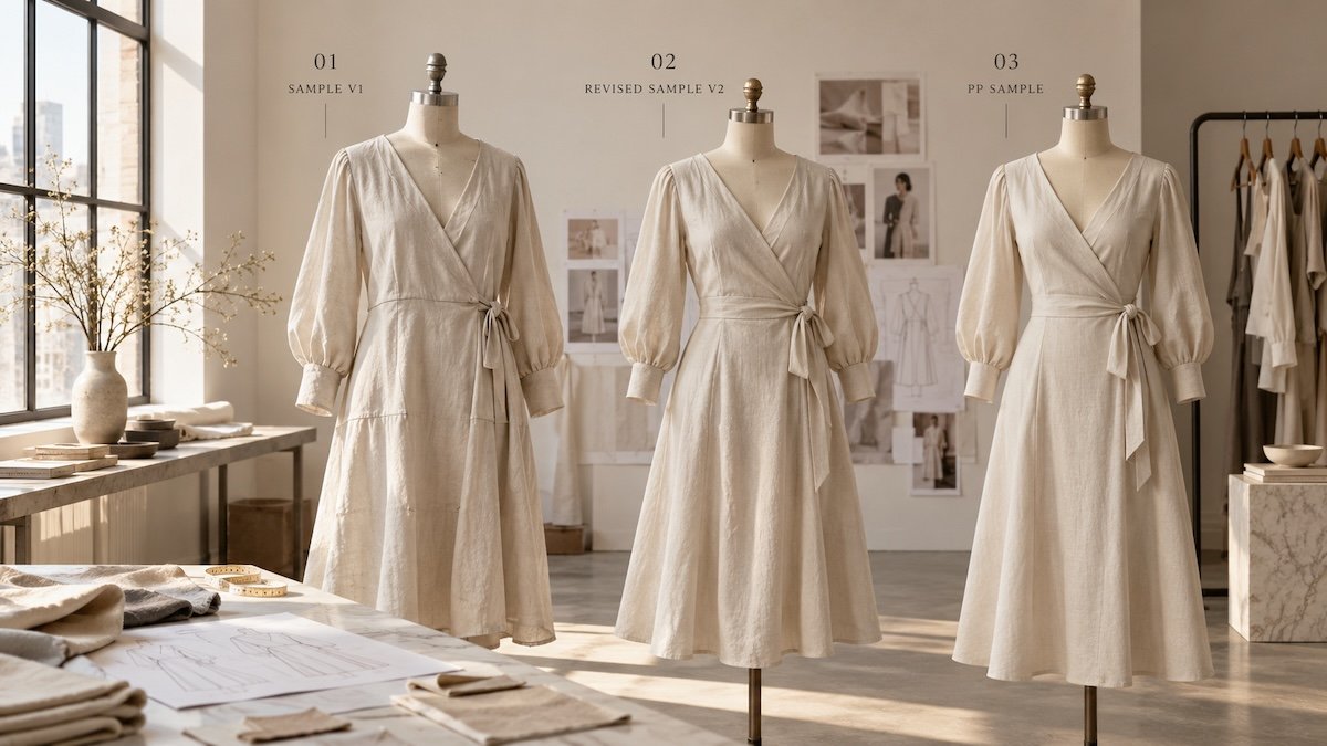 Womenswear sample progression: first sample, revisions, then the approved production sample Womenswear sample progression: first sample, revisions, then the approved production sample