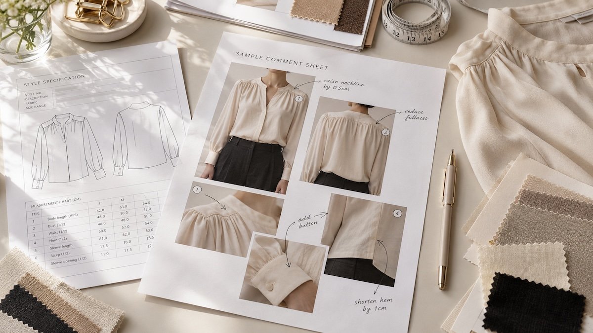 Garment sample comment sheet with annotated photos, measurements, priorities and revision notes Garment sample comment sheet with annotated photos, measurements, priorities and revision notes