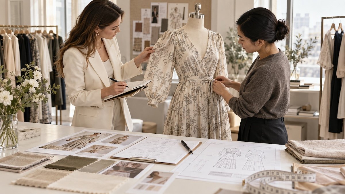 How to Comment on Clothing Samples Fashion buyer reviewing a womenswear sample with factory comments and technical specifications