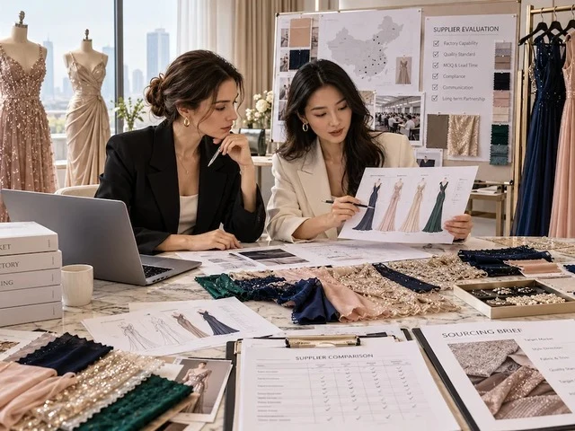 Two buyers at a table with evening gowns on mannequins standing behind them