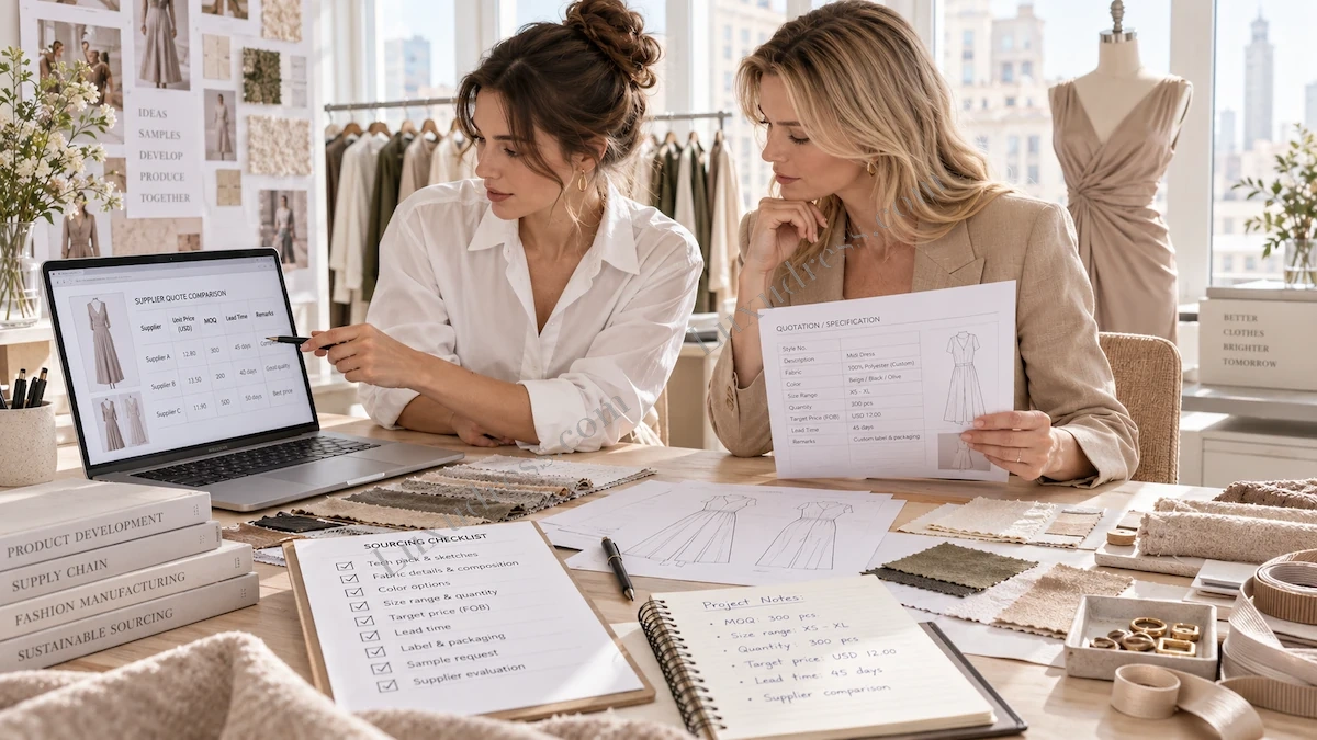 OEM Manufacturer Quotation and Specification Review Fashion sourcing team reviewing garment specifications fabric options quantities and supplier quotation details